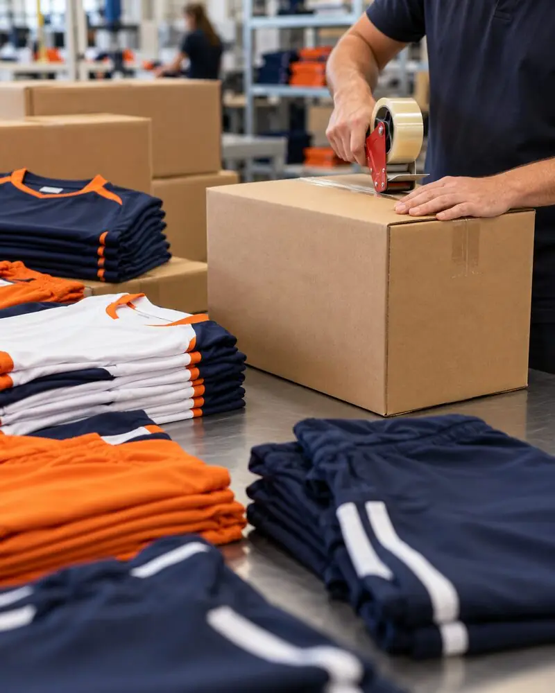 Illustrative visual of teamwear being packed for a bulk order.