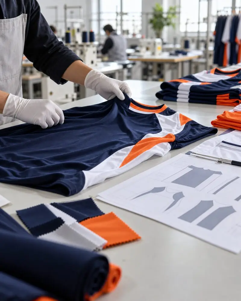 Illustrative visual of custom jersey design preparation in a production workspace.