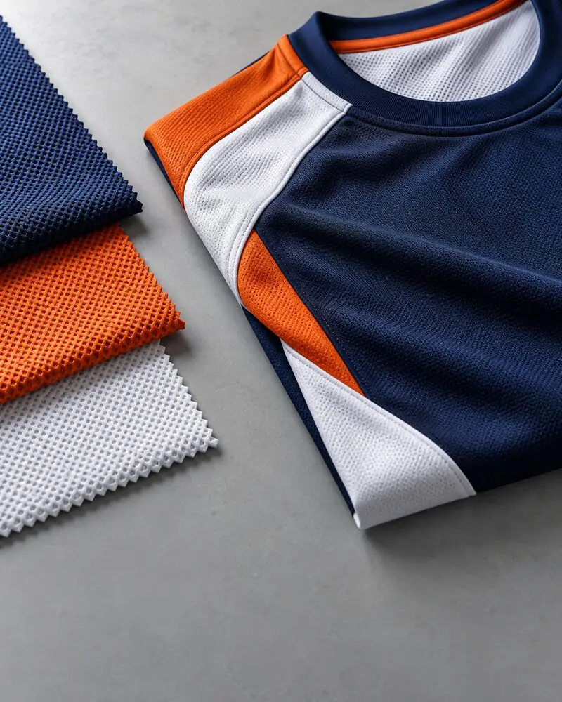 Illustrative visual of performance jersey fabric and material swatches.