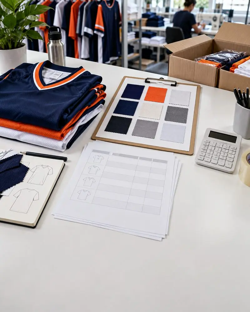Illustrative visual of teamwear order planning with garment samples and colour swatches.