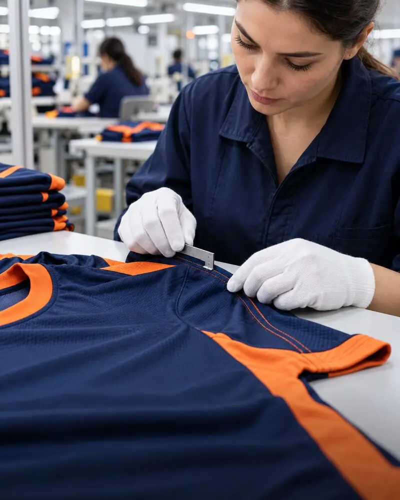 Illustrative visual of custom sportswear stitching inspection.