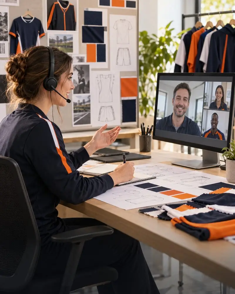 Illustrative visual of a customer support consultation for a custom sportswear project.