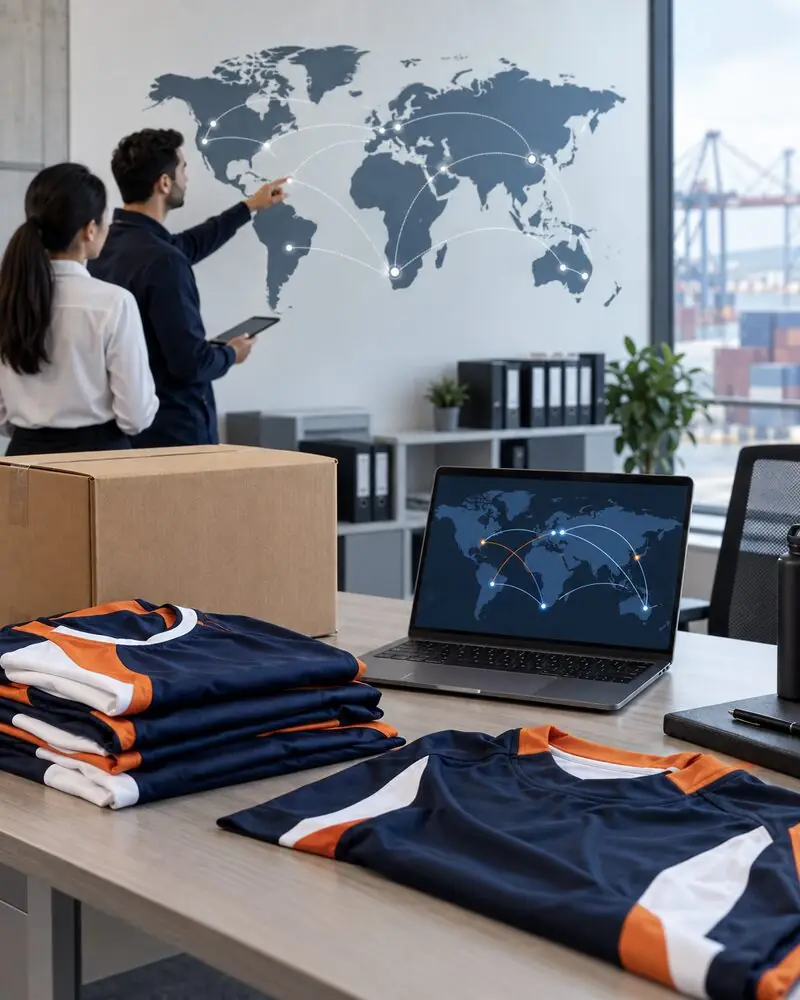 Illustrative visual of sportswear export planning with a global logistics map.